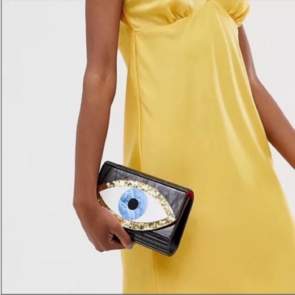 Kurt Geiger Black Clutch with Gold and Blue Eye Design